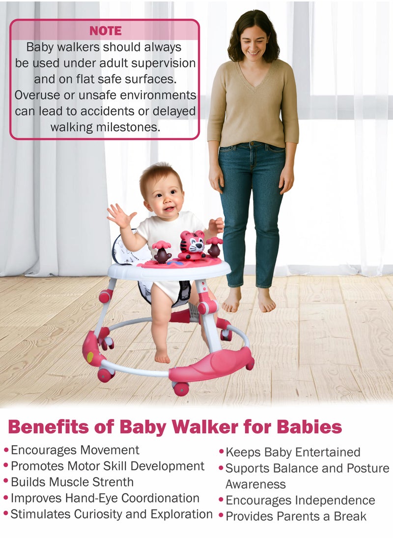 Baby Walker with Wheels for Boys and Girls Height Adjustable 5-Gear Comfortable Soft Cushion Seat Collapsible Baby Infant and Toddler Walker with 6 Universal Wheels Detachable Music Plate with Spinning Toys Multifunctional Toddlers Go-Cart from 6 to 24 months Old