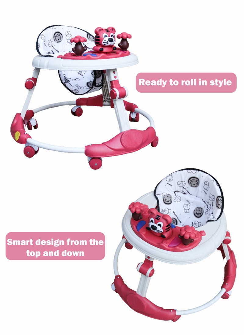 Baby Walker with Wheels for Boys and Girls Height Adjustable 5-Gear Comfortable Soft Cushion Seat Collapsible Baby Infant and Toddler Walker with 6 Universal Wheels Detachable Music Plate with Spinning Toys Multifunctional Toddlers Go-Cart from 6 to 24 months Old