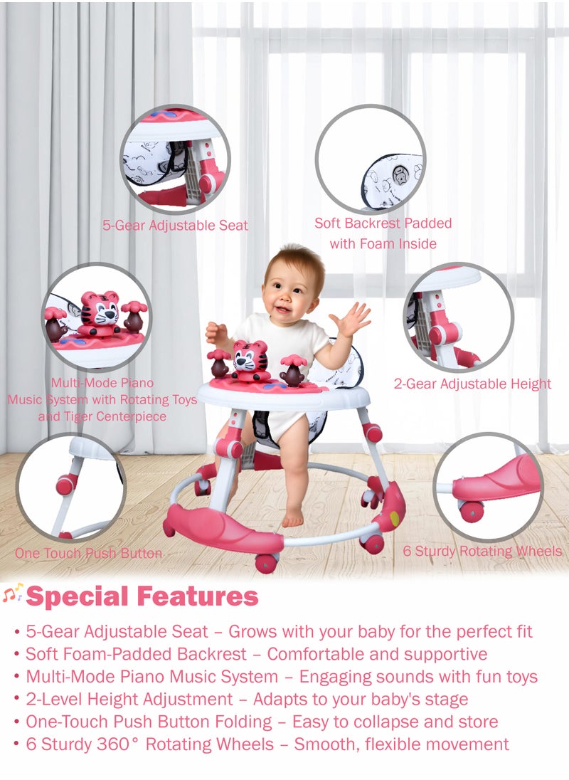 Baby Walker with Wheels for Boys and Girls Height Adjustable 5-Gear Comfortable Soft Cushion Seat Collapsible Baby Infant and Toddler Walker with 6 Universal Wheels Detachable Music Plate with Spinning Toys Multifunctional Toddlers Go-Cart from 6 to 24 months Old