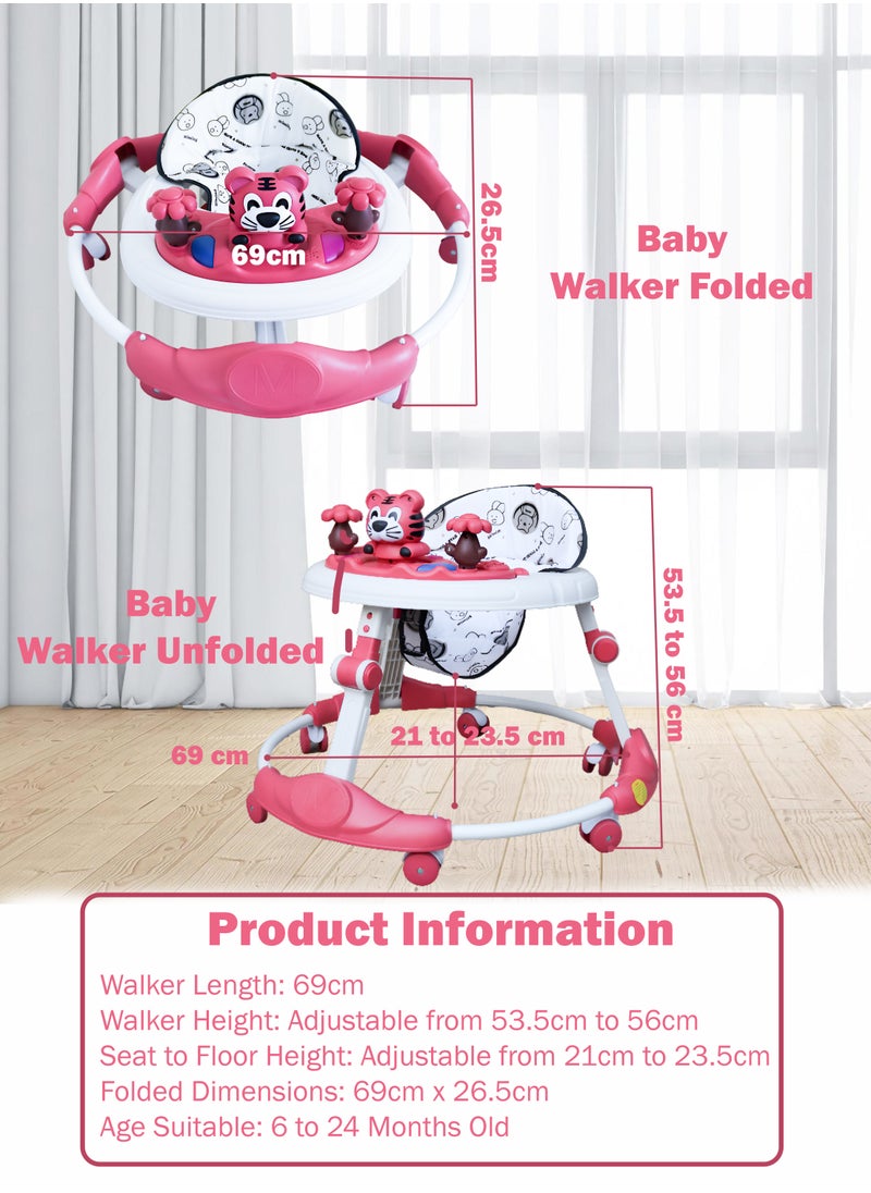 Baby Walker with Wheels for Boys and Girls Height Adjustable 5-Gear Comfortable Soft Cushion Seat Collapsible Baby Infant and Toddler Walker with 6 Universal Wheels Detachable Music Plate with Spinning Toys Multifunctional Toddlers Go-Cart from 6 to 24 months Old
