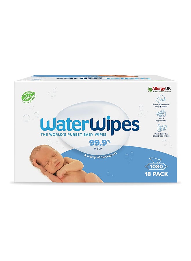 Pack Of 1080 Plastic-Free Original Baby Wipes, 99.9% Water Based Wipes, Unscented for Sensitive Skin, 18 Packs