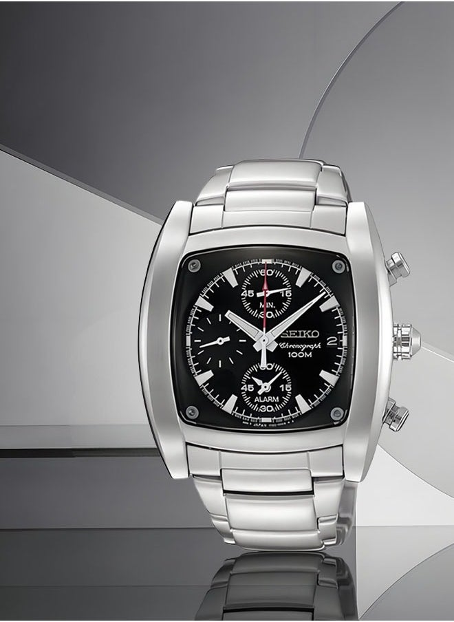 Seiko SNAA97J1 Men's Stainless Steel Quartz Chronograph - Square Dial Sapphire Mirror Multi-Function Design
