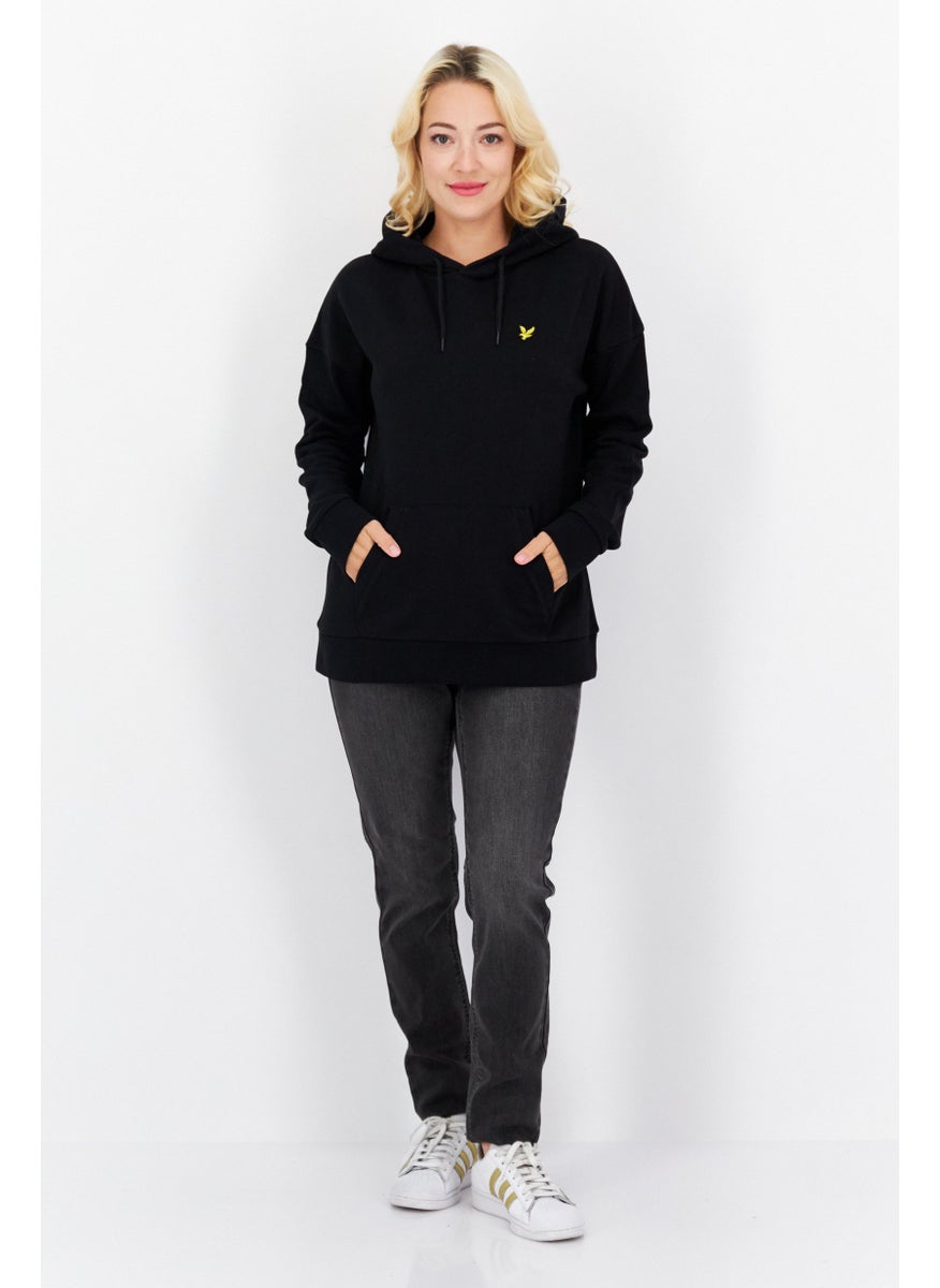 Women Hooded Brand Logo Long Sleeve Hoodies, Black