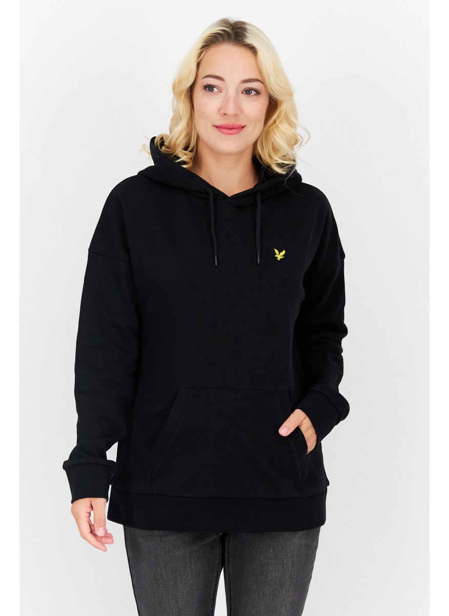 Women Hooded Brand Logo Long Sleeve Hoodies, Black