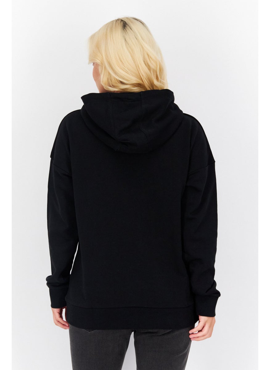 Women Hooded Brand Logo Long Sleeve Hoodies, Black