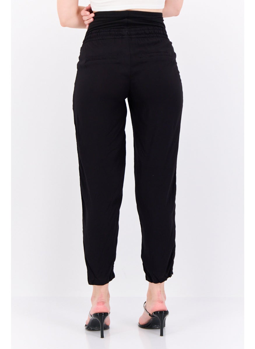 Women Regular Fit Plain Straight Leg Pant, Black