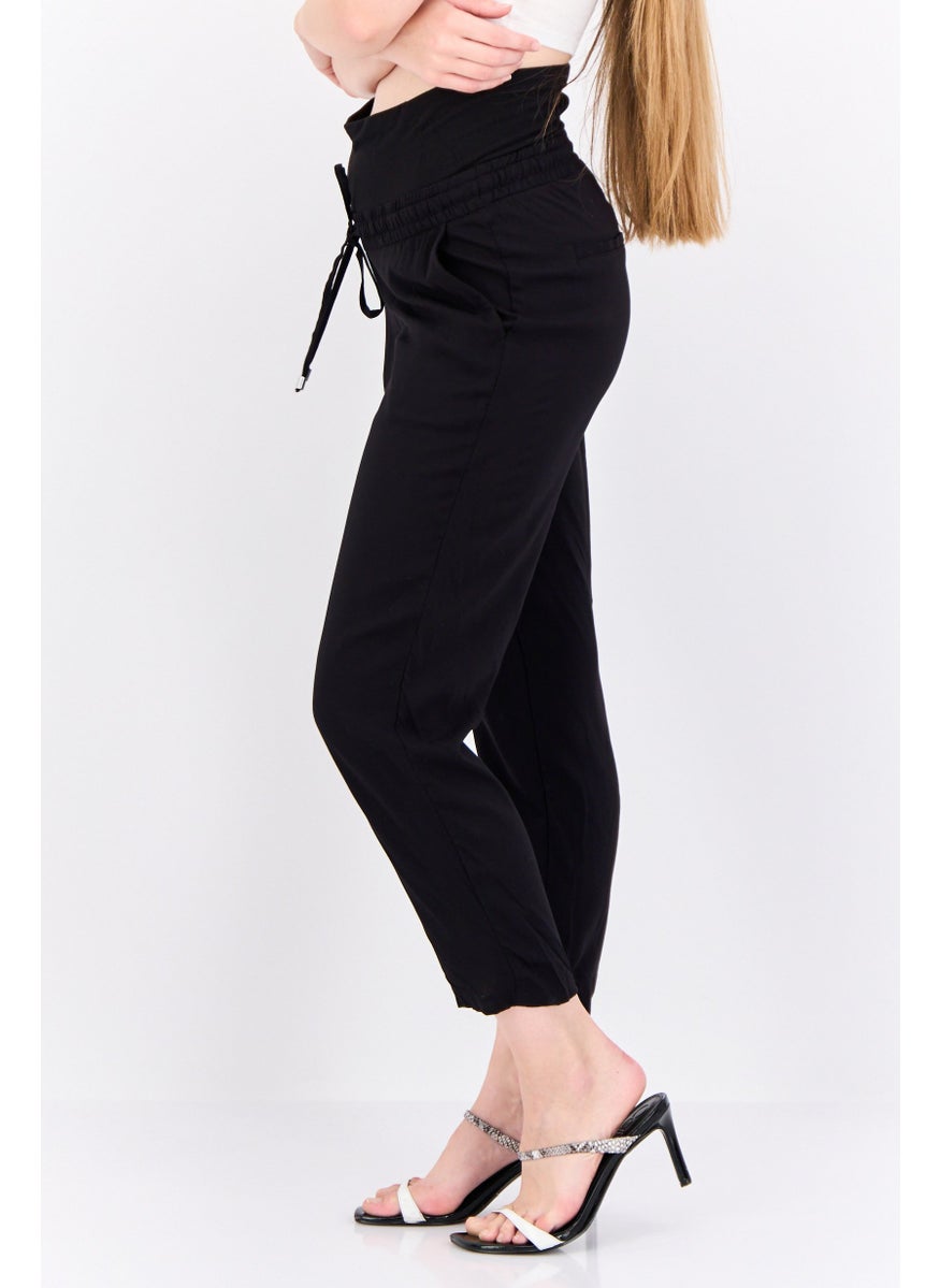 Women Regular Fit Plain Straight Leg Pant, Black