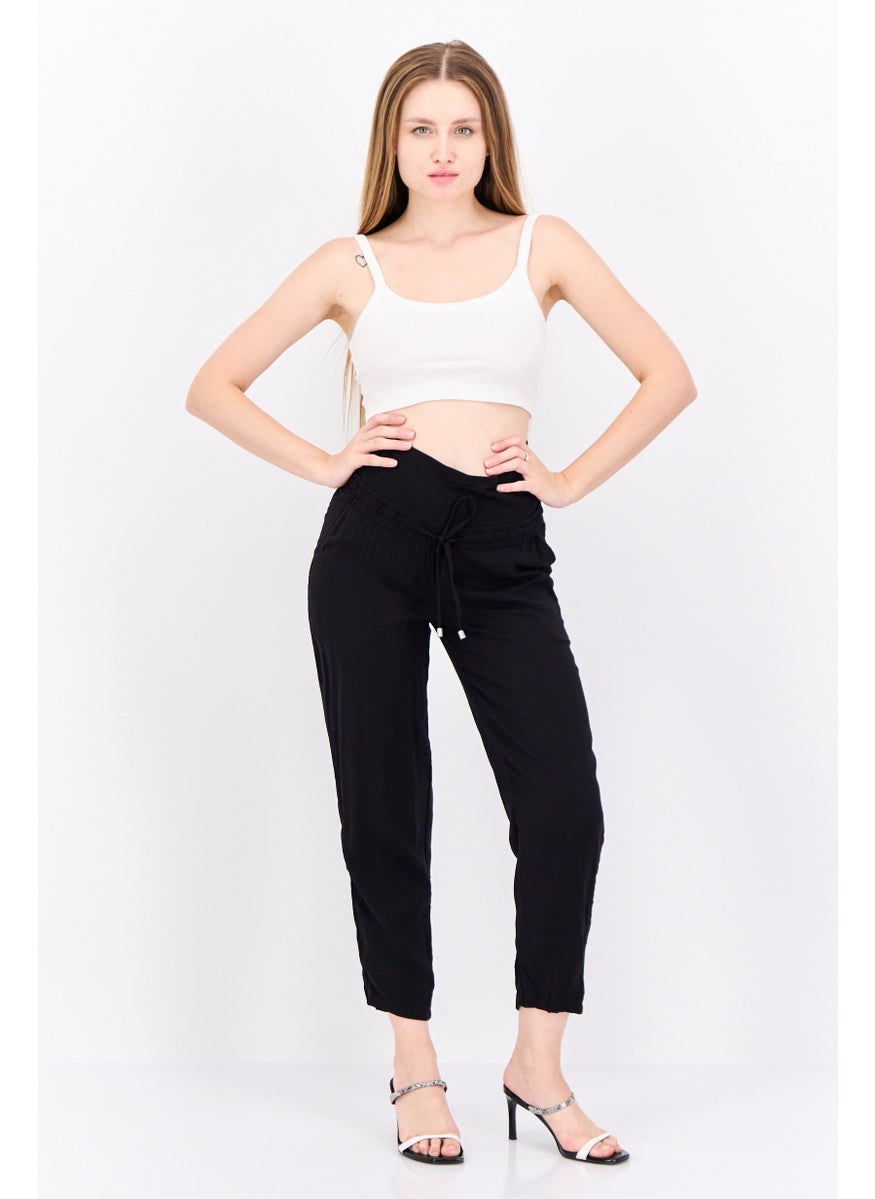 Women Regular Fit Plain Straight Leg Pant, Black
