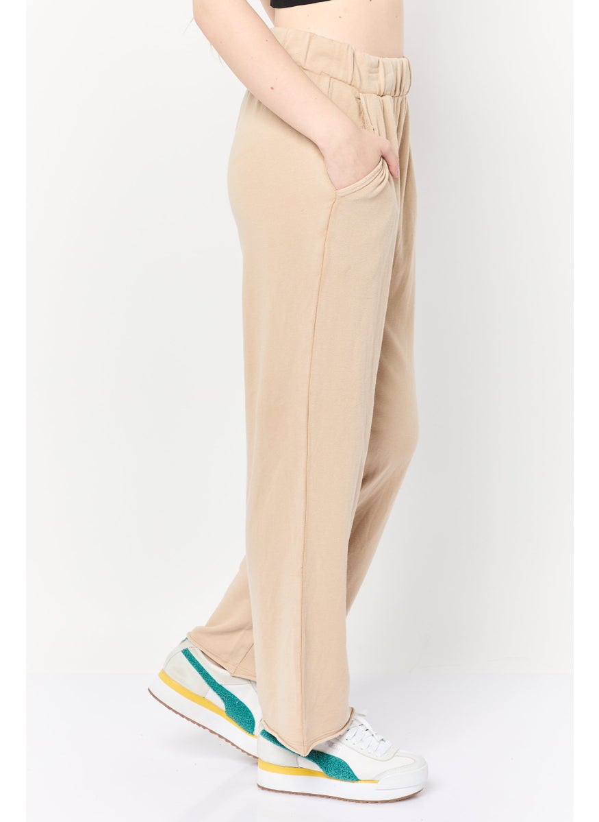 Women Petite Plain Sweatpants, Light Tan