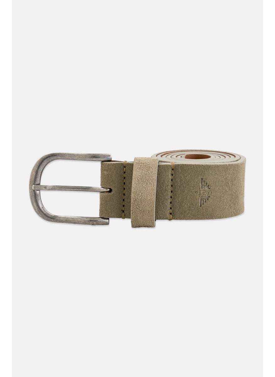 Men Bovine Leather Belt with Silver Buckle, Wash Olive