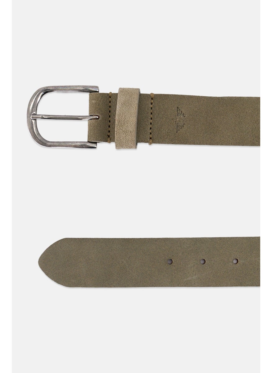 Men Bovine Leather Belt with Silver Buckle, Wash Olive