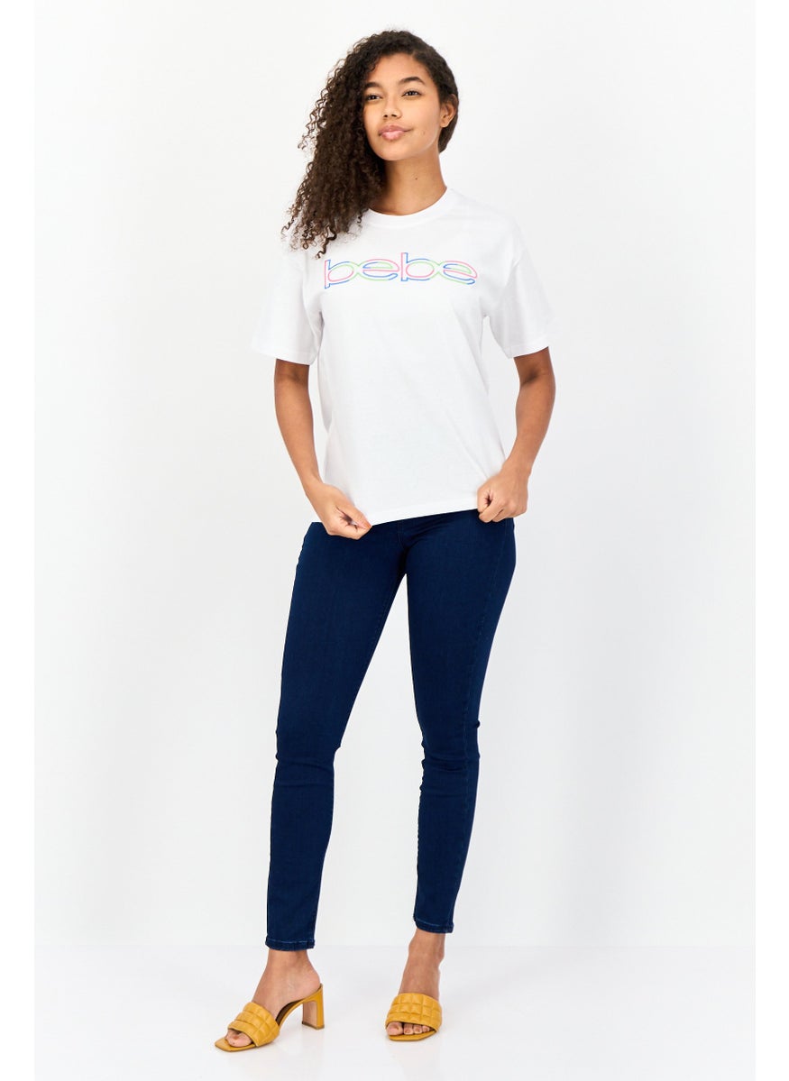 Women Crew Neck Short Sleeves Embroidered Logo T-Shirt, White