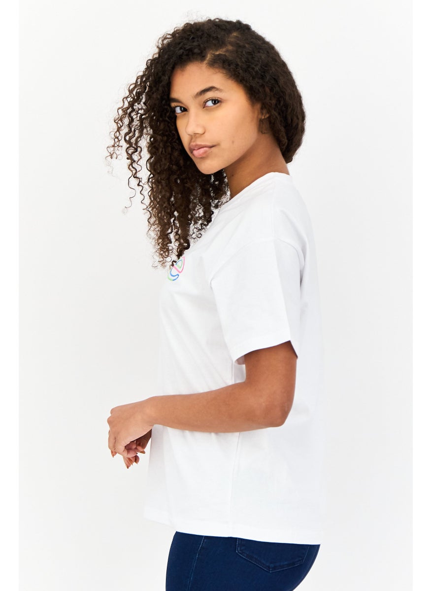 Women Crew Neck Short Sleeves Embroidered Logo T-Shirt, White