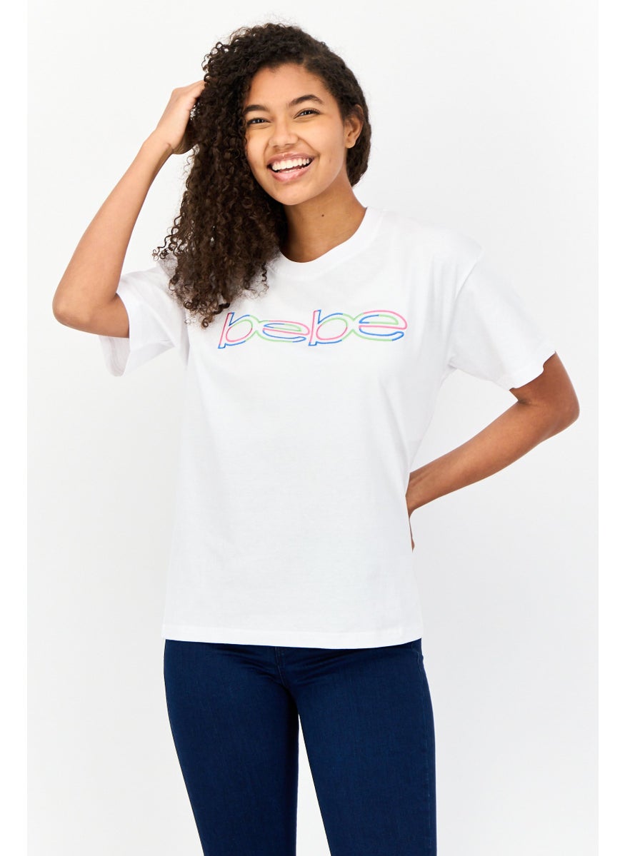 Women Crew Neck Short Sleeves Embroidered Logo T-Shirt, White