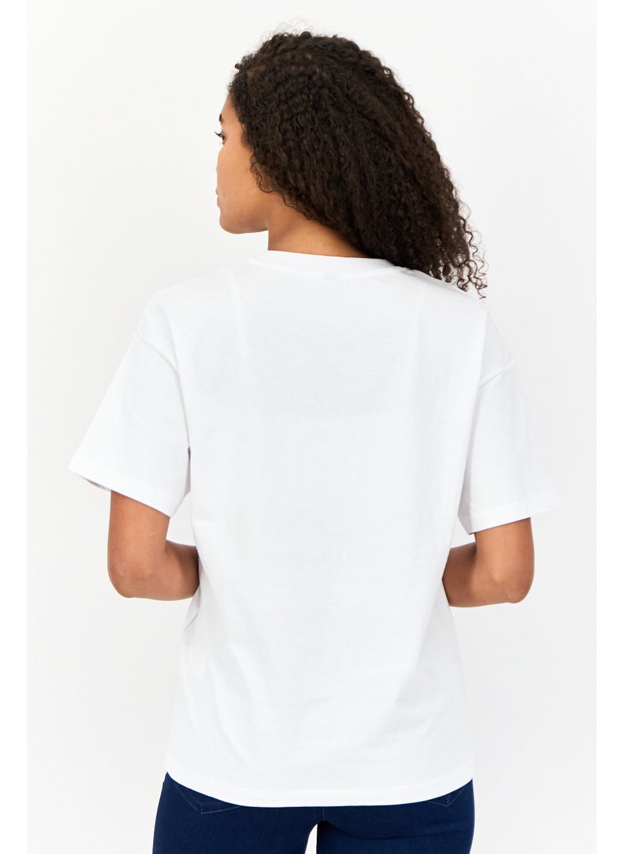 Women Crew Neck Short Sleeves Embroidered Logo T-Shirt, White