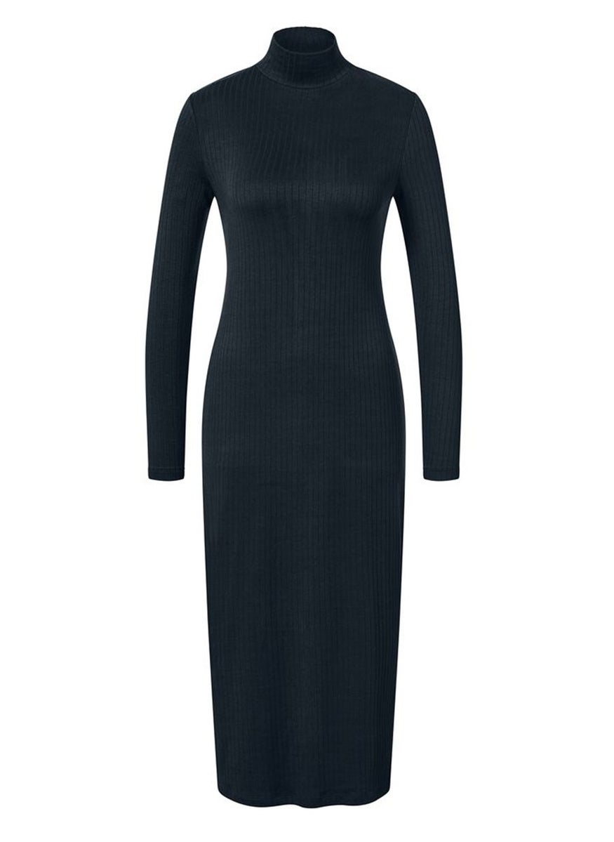 Women Ribbed Mock Neck Sweater Dress, Navy