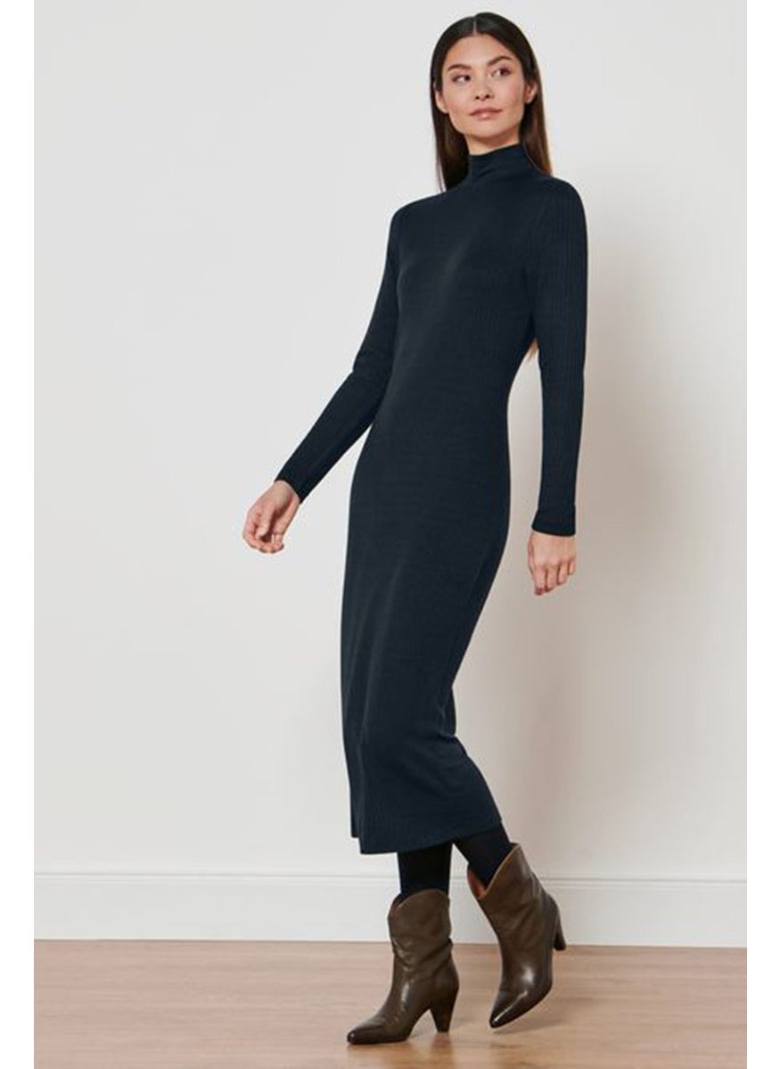 Women Ribbed Mock Neck Sweater Dress, Navy