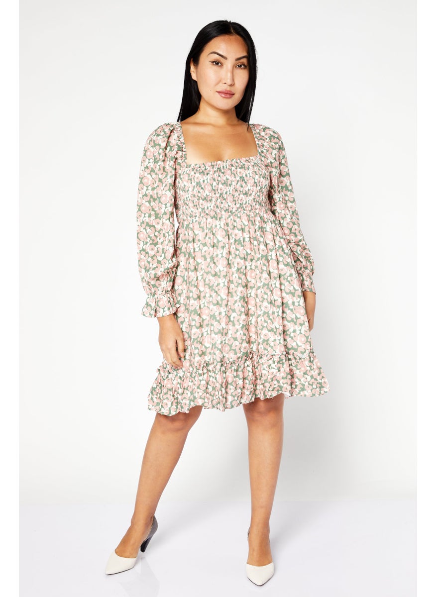 Women Smocked Mini Dress, Peach Combo