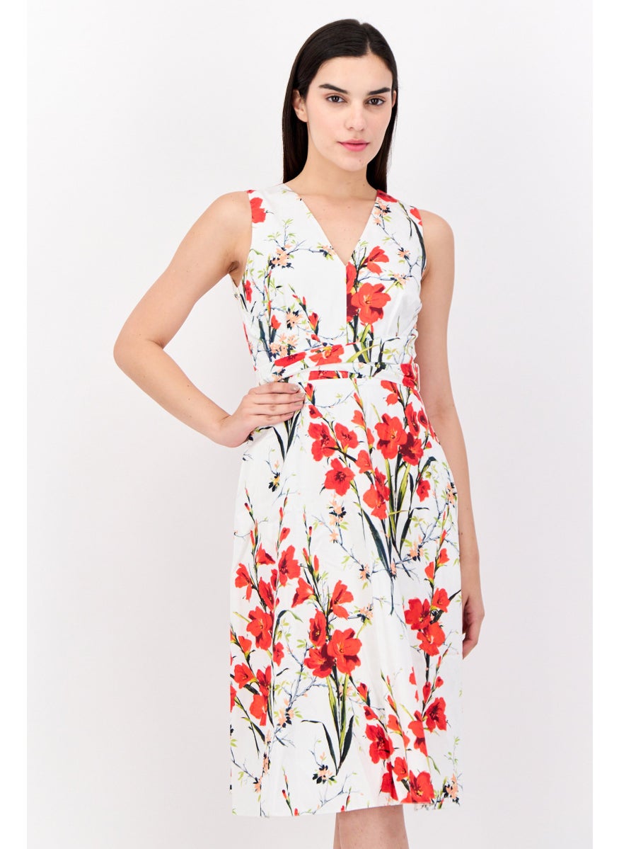 Women Floral Print Tie Detail Midi Dress, Multicolor