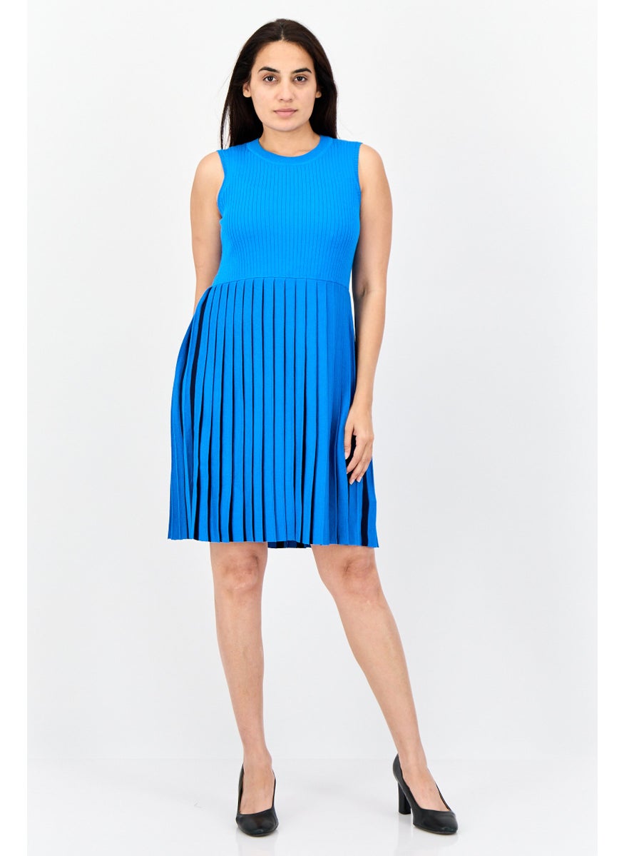 Women Pleated Casual Mini Dress, Blue