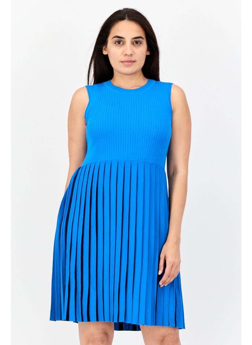 Women Pleated Casual Mini Dress, Blue