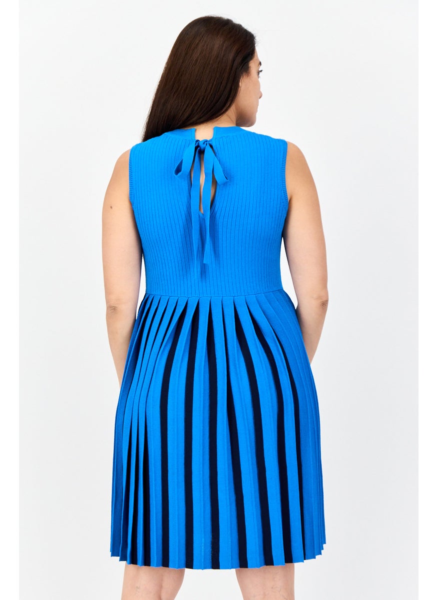 Women Pleated Casual Mini Dress, Blue