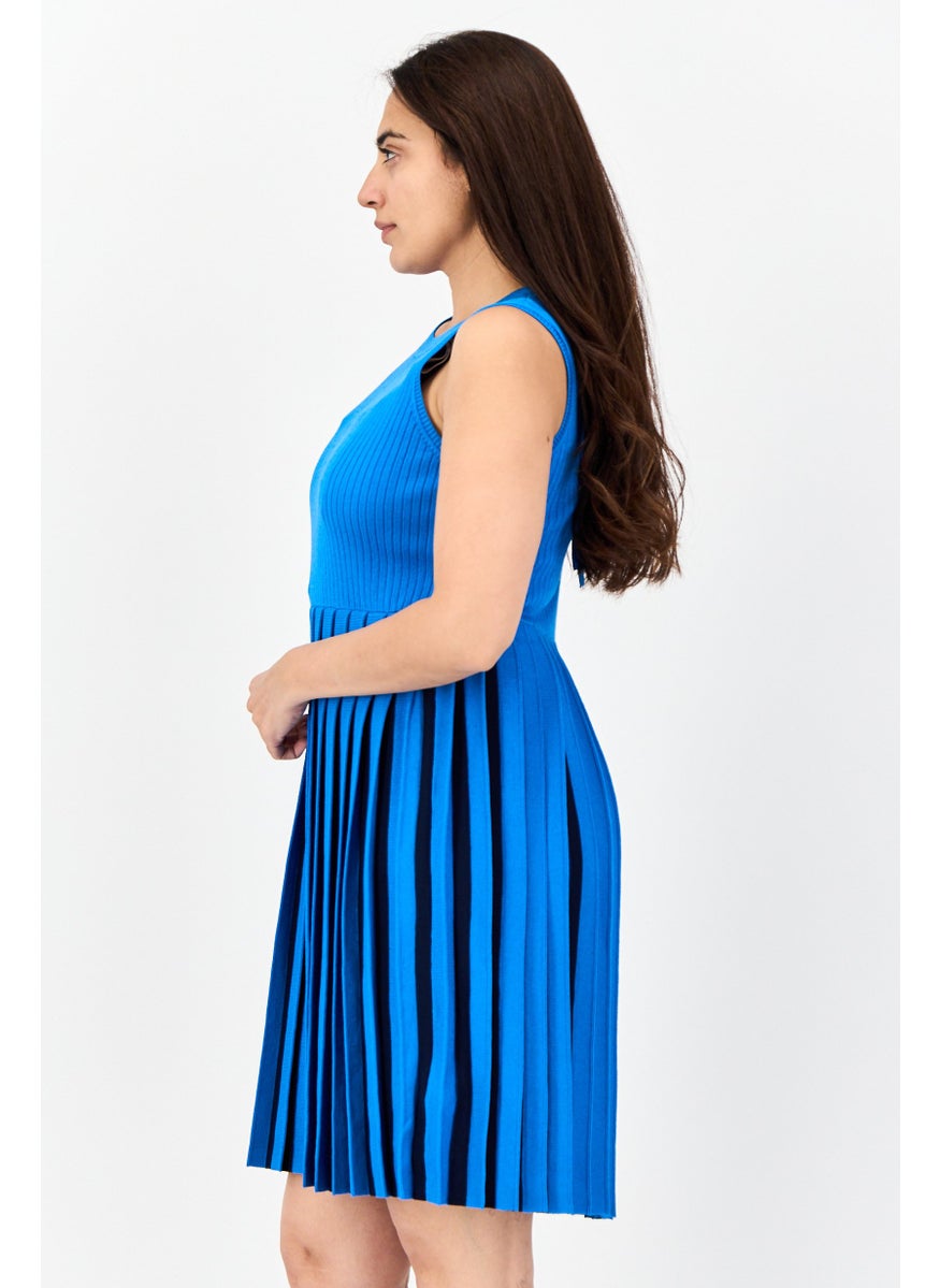 Women Pleated Casual Mini Dress, Blue