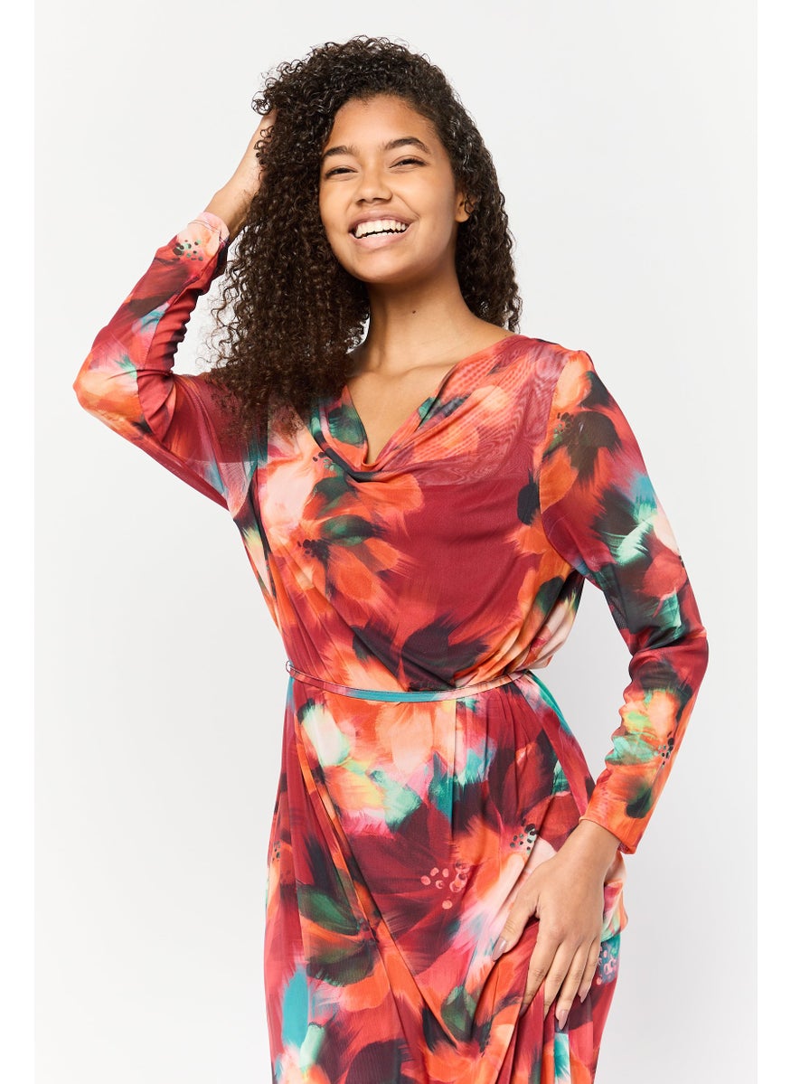 Women Floral Print Midi Dress, Multicolour