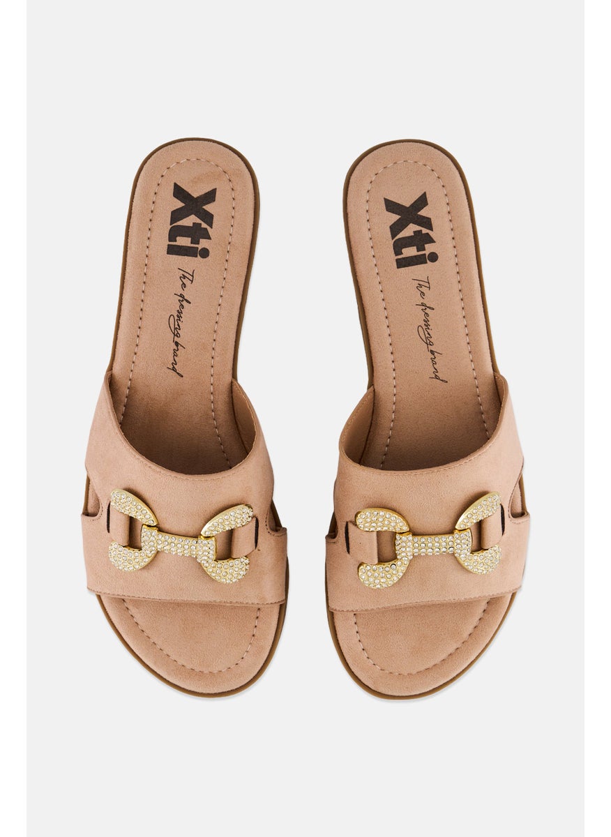 Women Metallic Slip On Suede Flats, Beige