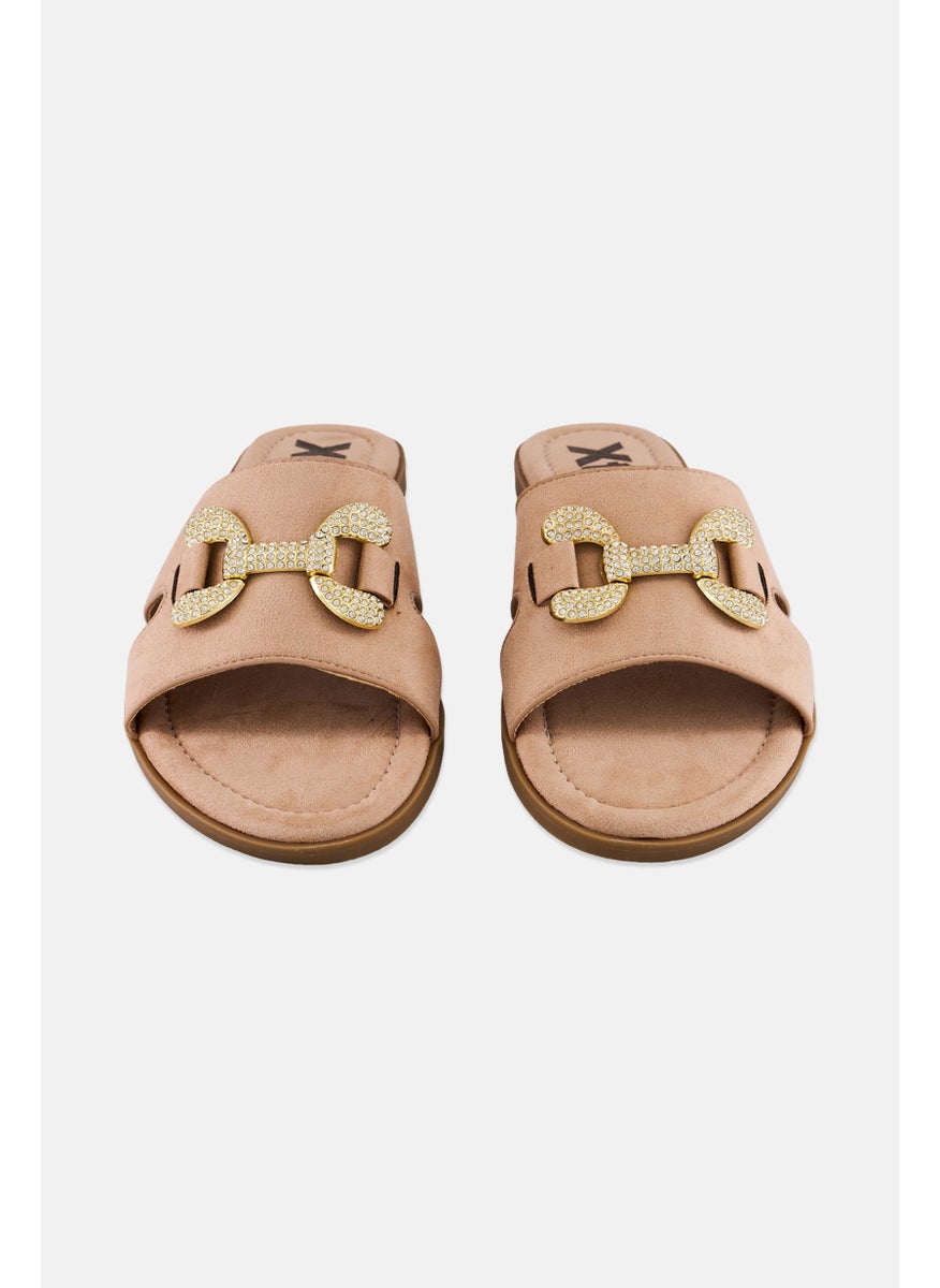 Women Metallic Slip On Suede Flats, Beige