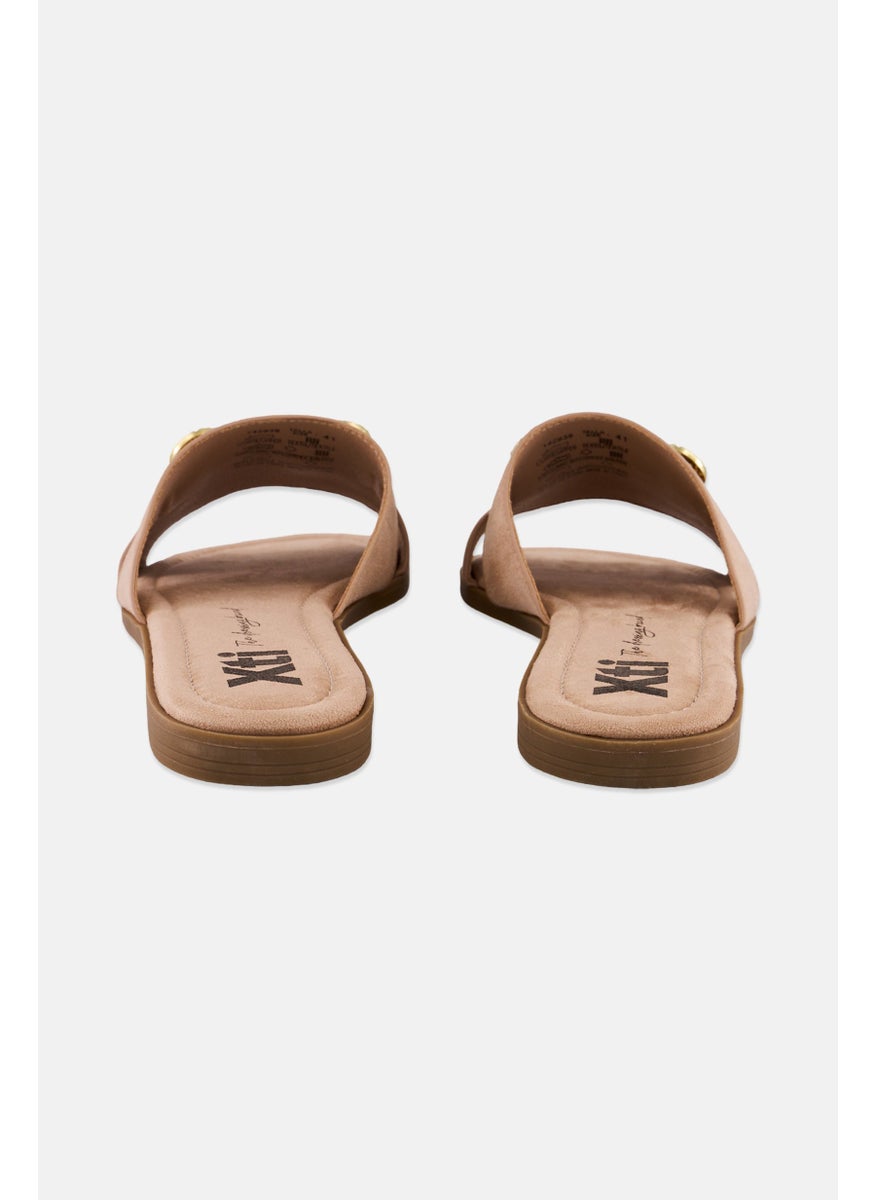 Women Metallic Slip On Suede Flats, Beige