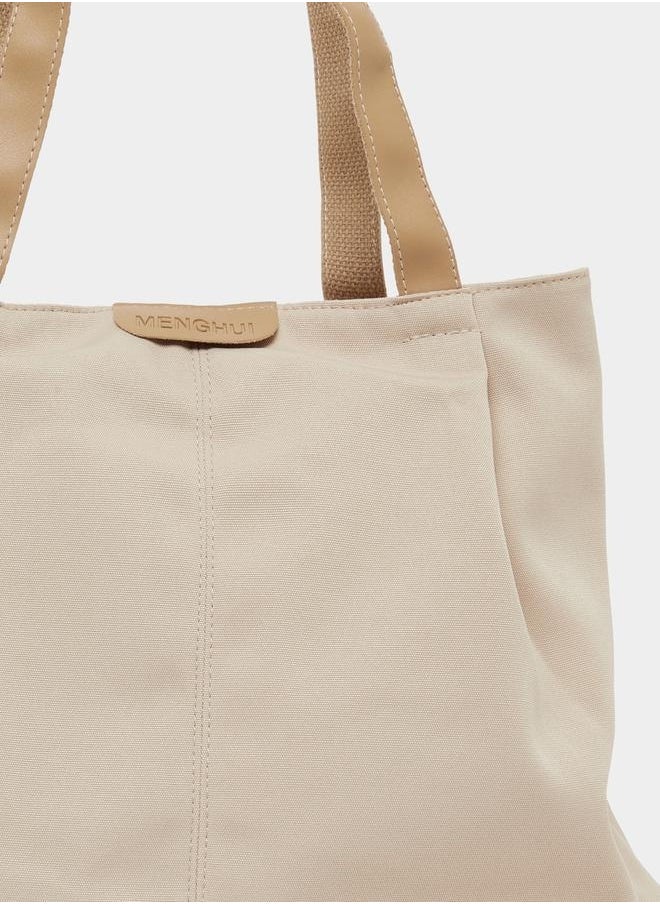 Solid Tote Bag with Top Handles and Zip Closure