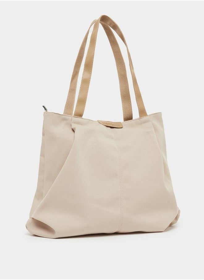 Solid Tote Bag with Top Handles and Zip Closure