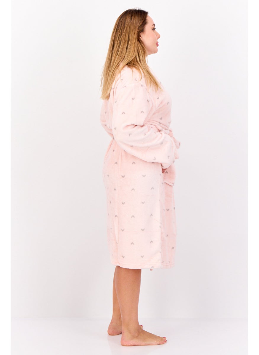 Women Textured Fleece Belted Bath Robe, Pink