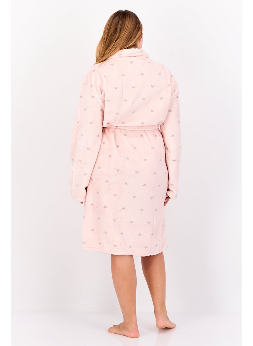 Women Textured Fleece Belted Bath Robe, Pink