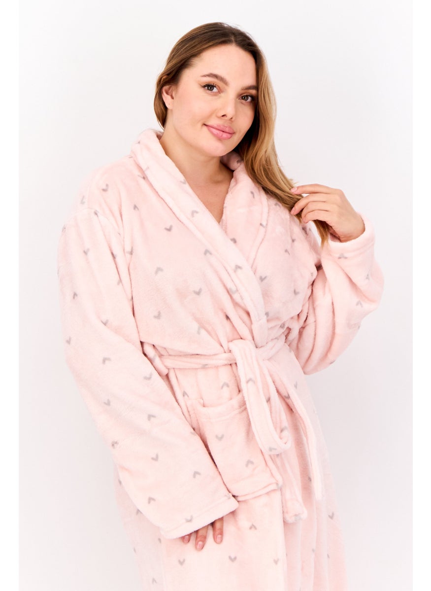 Women Textured Fleece Belted Bath Robe, Pink