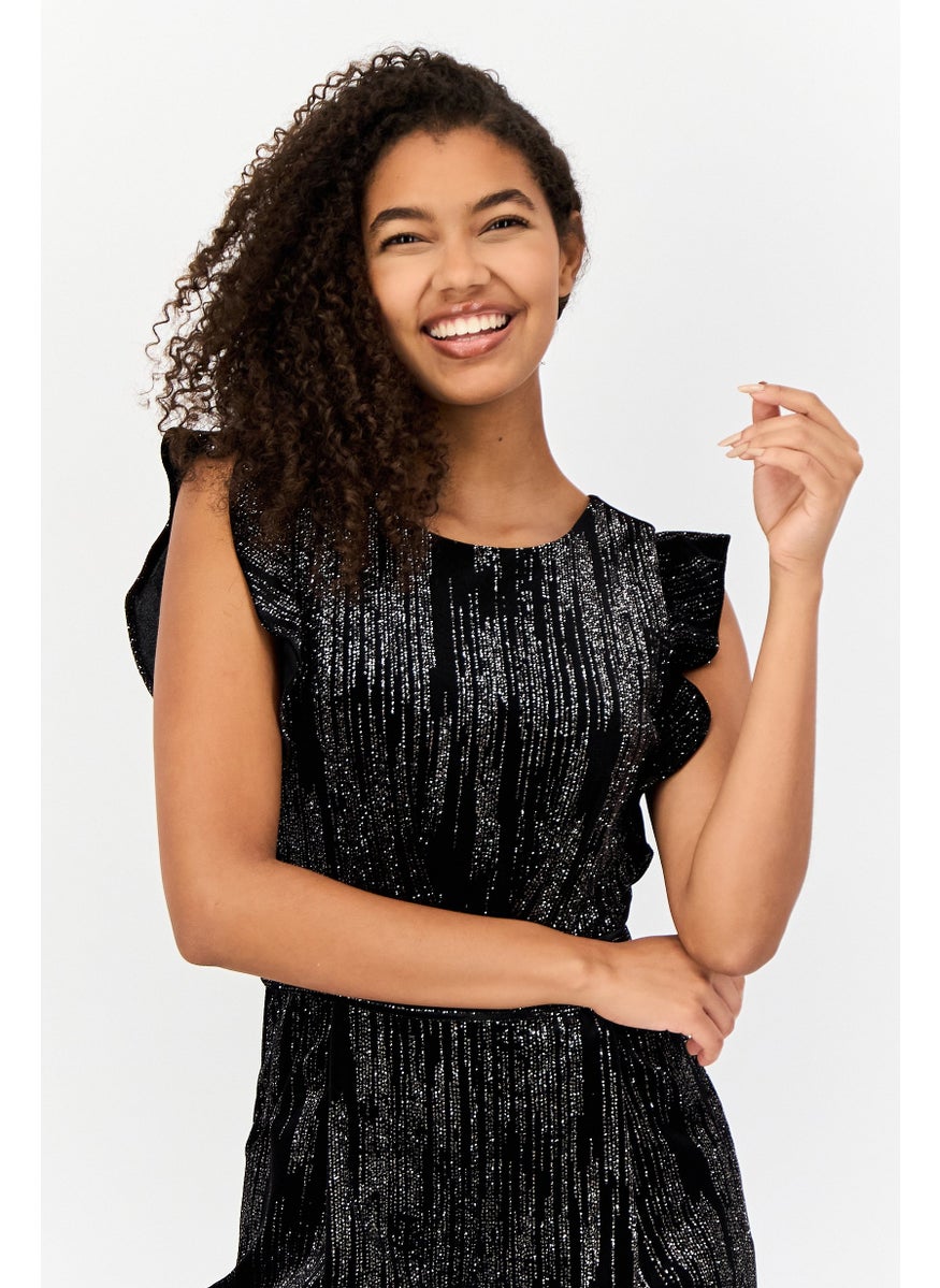 Women Belt Detail Metallic Cap Sleeves Jumpsuit, Black