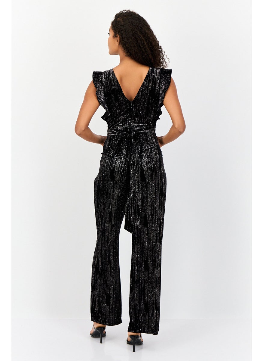 Women Belt Detail Metallic Cap Sleeves Jumpsuit, Black