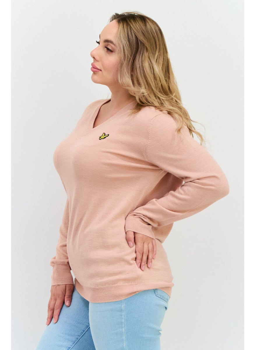 Women V-Neck Embroidered Logo Sweaters, Pink Sand