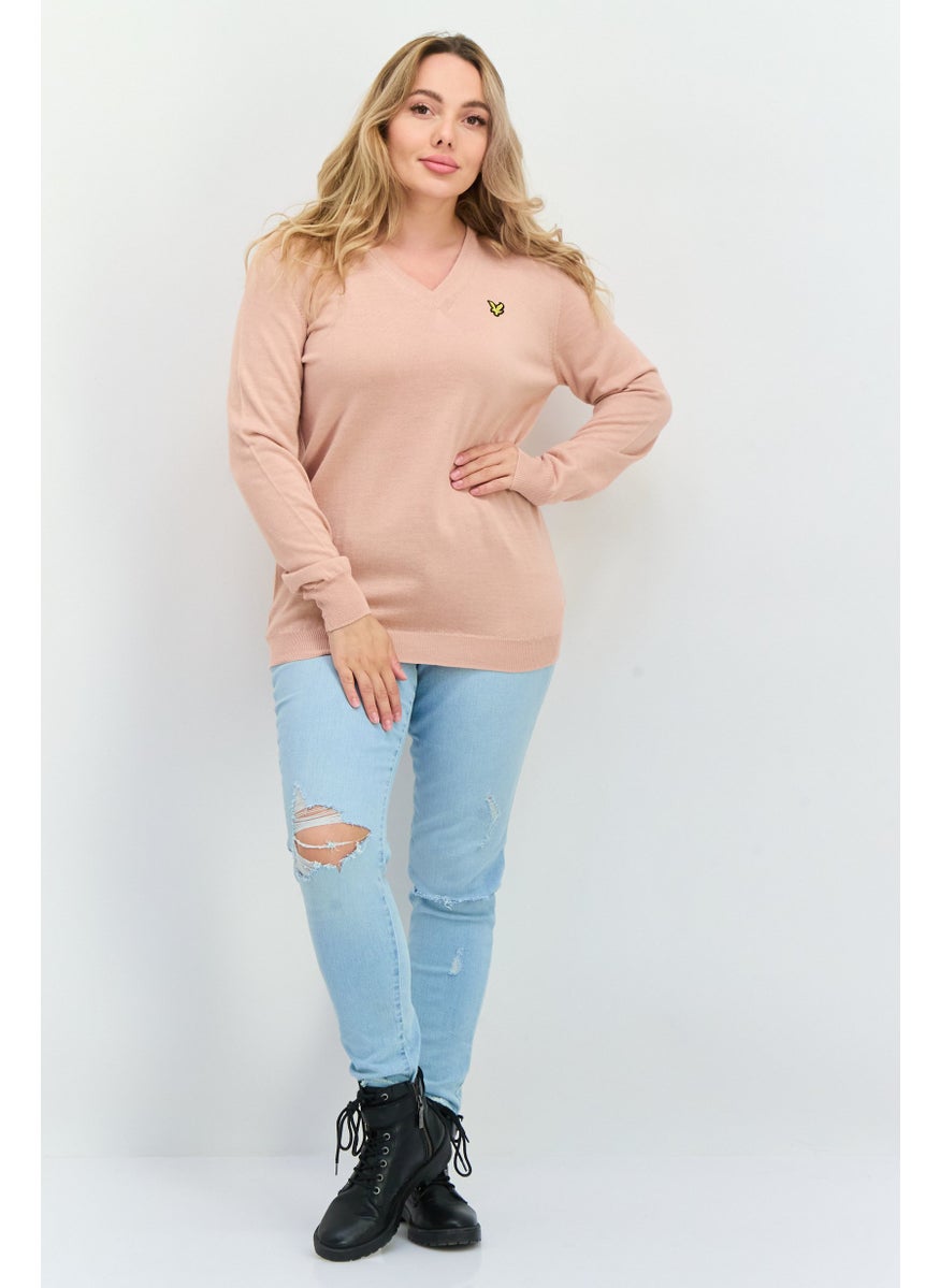 Women V-Neck Embroidered Logo Sweaters, Pink Sand