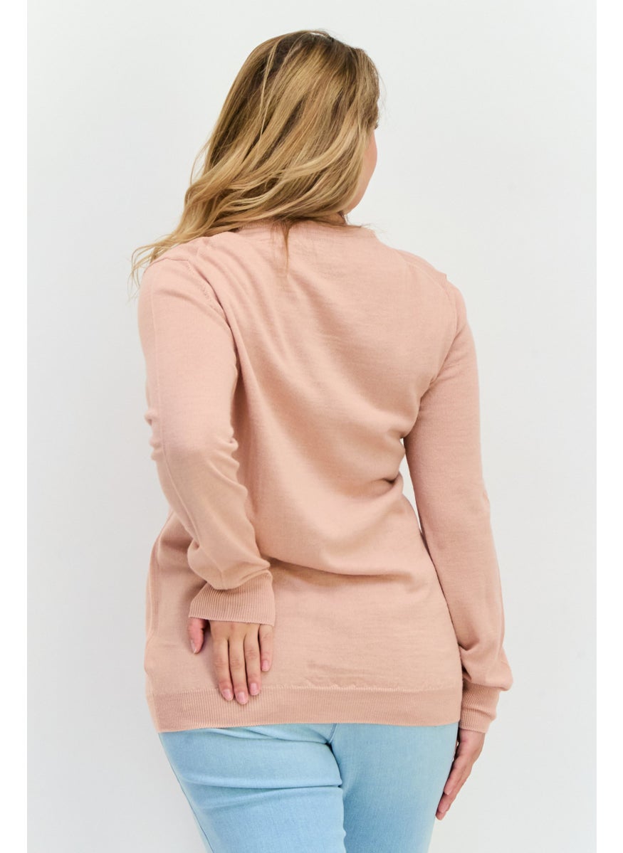 Women V-Neck Embroidered Logo Sweaters, Pink Sand