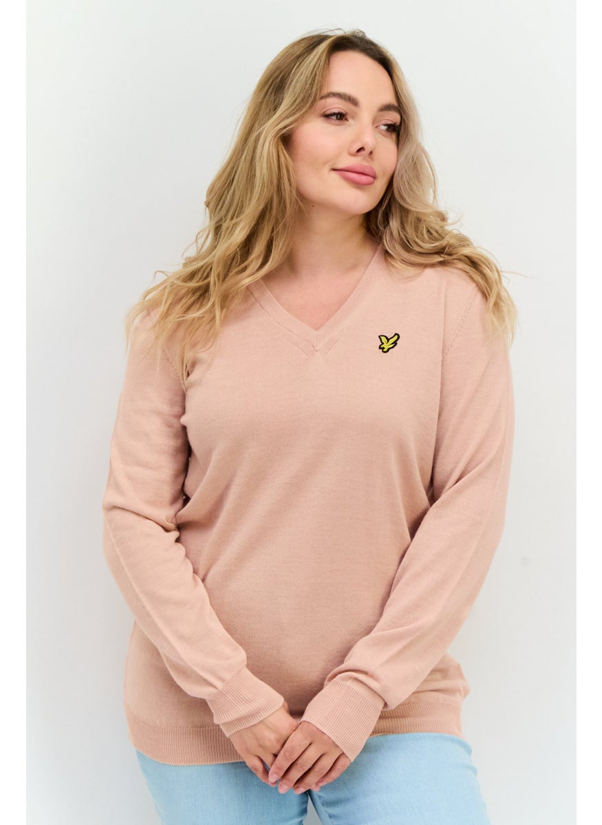 Women V-Neck Embroidered Logo Sweaters, Pink Sand