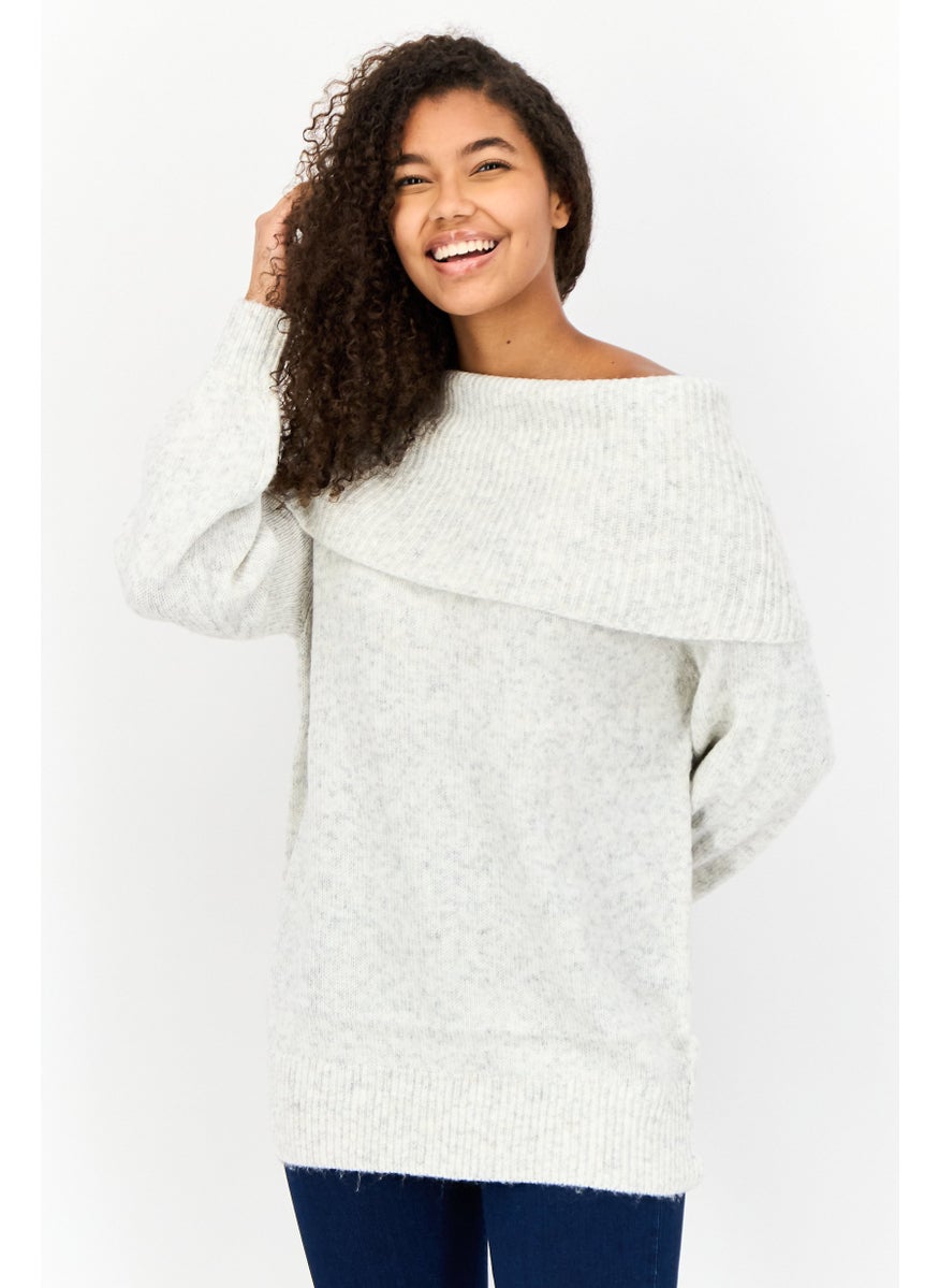 Women Fold Over Knitted Sweater, Grey