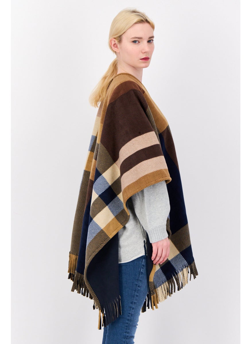 Women Split Neck Plaid Poncho, Multicolor