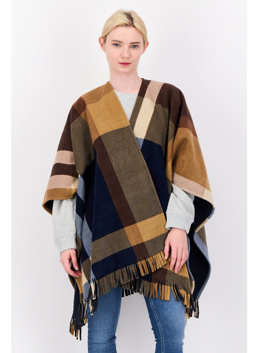 Women Split Neck Plaid Poncho, Multicolor