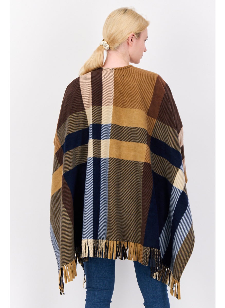 Women Split Neck Plaid Poncho, Multicolor