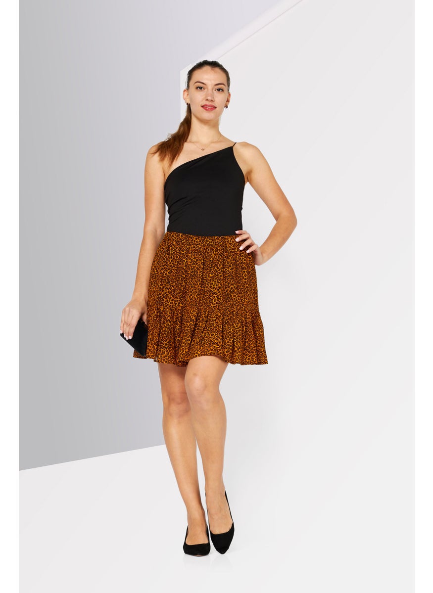 Women Animal Print Mini Skirt, Brown
