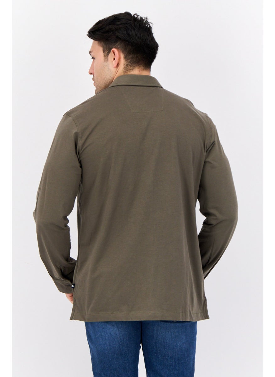Men Regular Fit Plain Long Sleeve Casual Shirt, Dark Olive