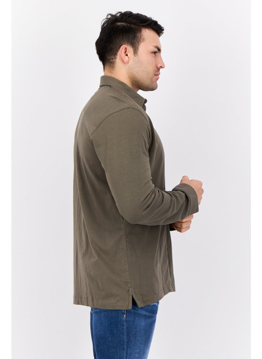 Men Regular Fit Plain Long Sleeve Casual Shirt, Dark Olive