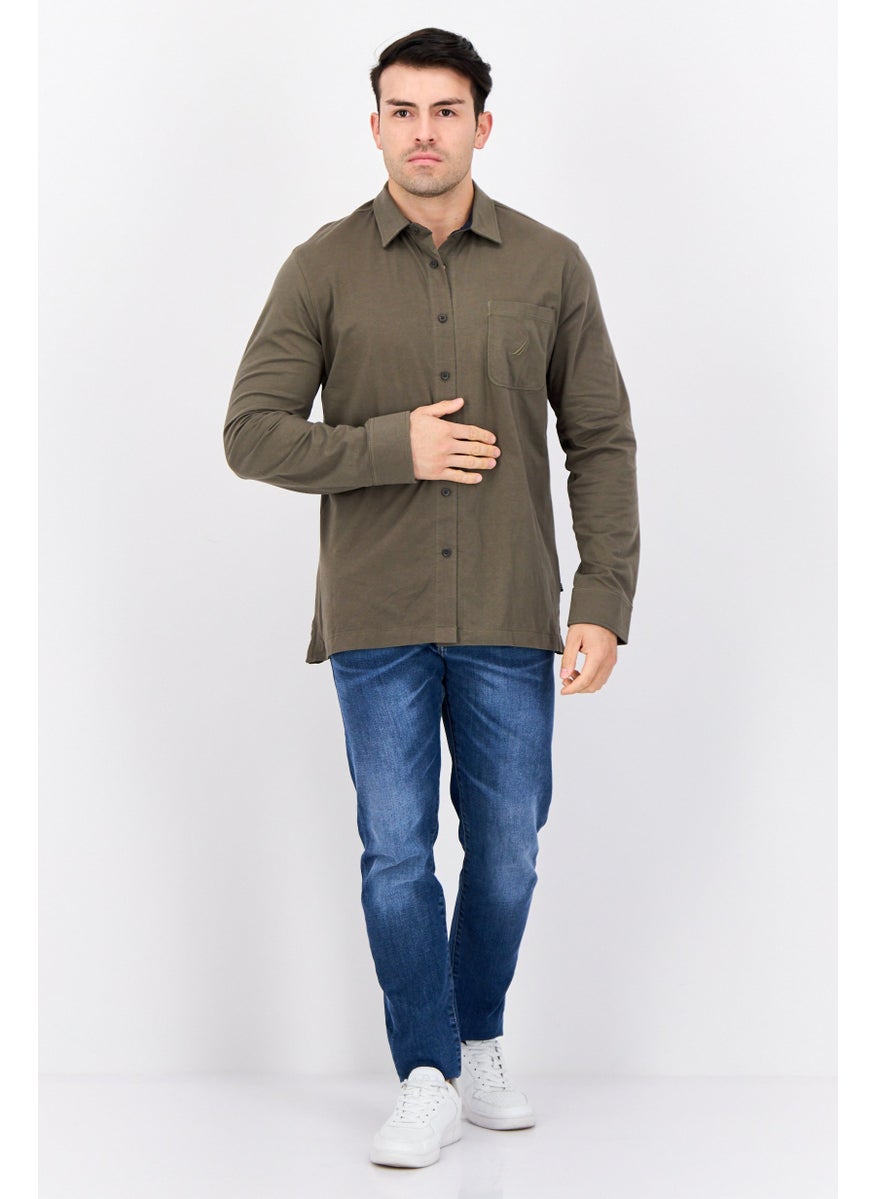 Men Regular Fit Plain Long Sleeve Casual Shirt, Dark Olive